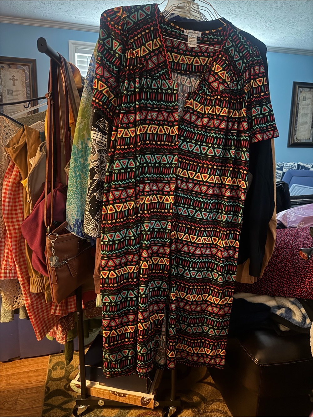 Tribal Print Long Duster in Black with Multicolor Pattern - Picture 9 of 10